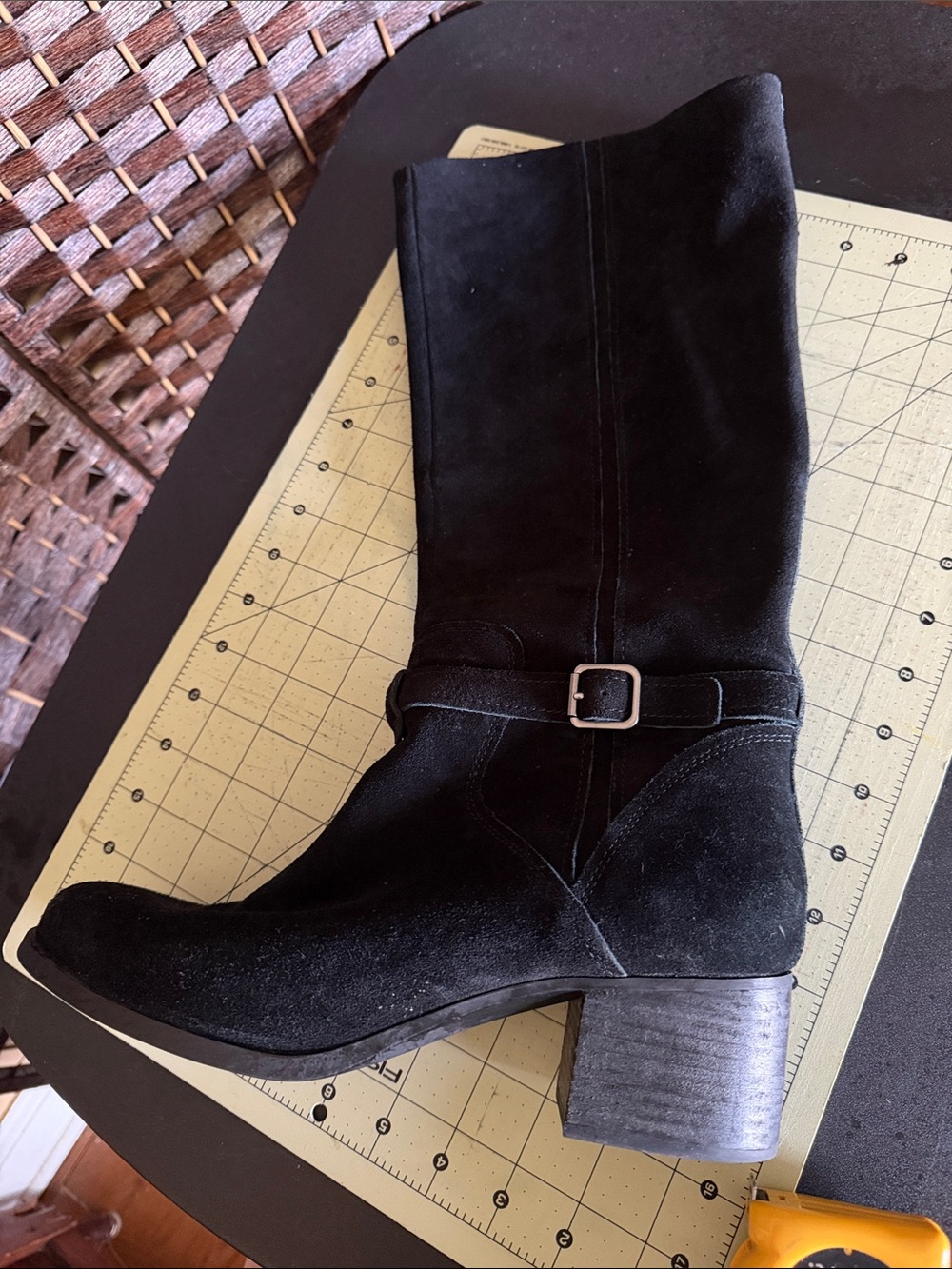 Koolaburra Black Suede Mid-Calf Block Heel Boots with Buckle Detail